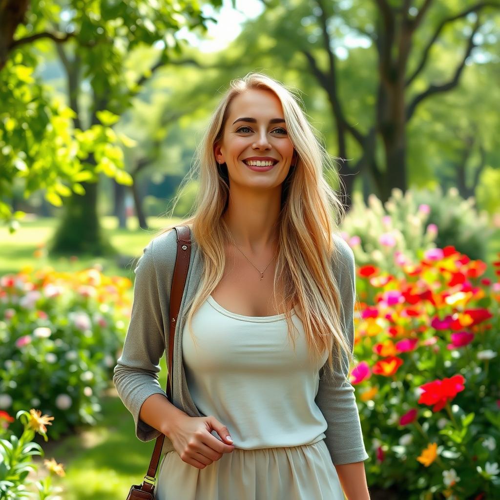 A slim and beautiful 28-year-old blonde woman with long hair and a large bust, dressed in modest clothing, enjoying a leisurely stroll in a vibrant park filled with lush greenery and colorful flowers