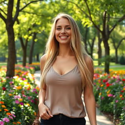 A slim and beautiful 28-year-old blonde woman with long hair and a large bust, dressed in modest clothing, enjoying a leisurely stroll in a vibrant park filled with lush greenery and colorful flowers