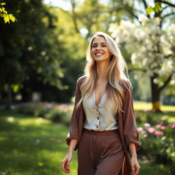 A slim and beautiful 28-year-old blonde woman with long hair and a large bust, dressed in elegant and modest clothing, enjoying a peaceful day in a picturesque park