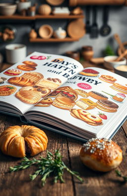 A beautifully designed pastry and bakery recipe book, featuring a variety of delicious treats such as pastries, cakes, and breads