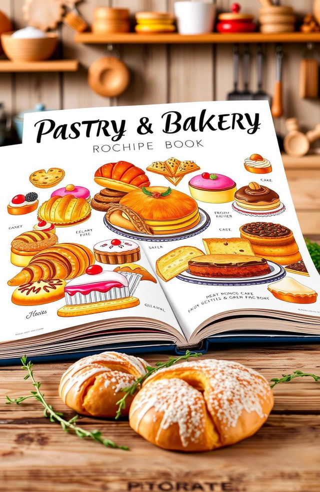 A beautifully designed pastry and bakery recipe book, featuring a variety of delicious treats such as pastries, cakes, and breads