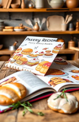 A beautifully designed pastry and bakery recipe book, featuring a variety of delicious treats such as pastries, cakes, and breads