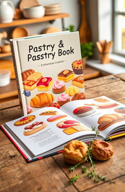 A beautifully designed pastry and bakery recipe book, featuring a variety of delicious treats such as pastries, cakes, and breads