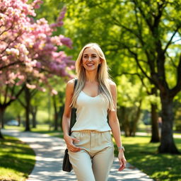 A slim and beautiful 28-year-old blonde woman with long hair and a large bust, wearing stylish and modest clothing, walking through a scenic park