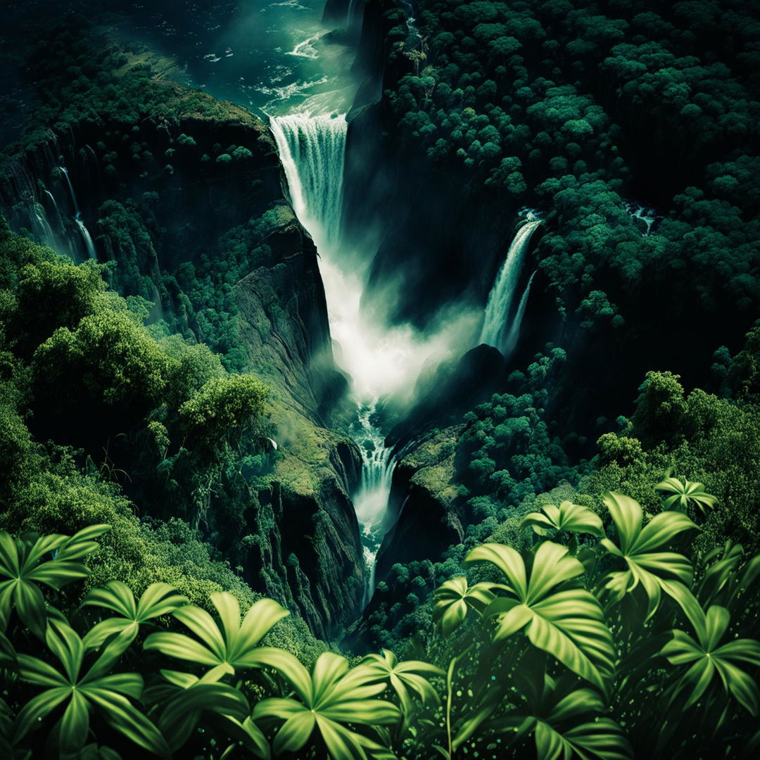 Bird's eye view of a vibrant, mystical African jungle with Victoria Falls vibes, captured in high-definition cinema photography style.