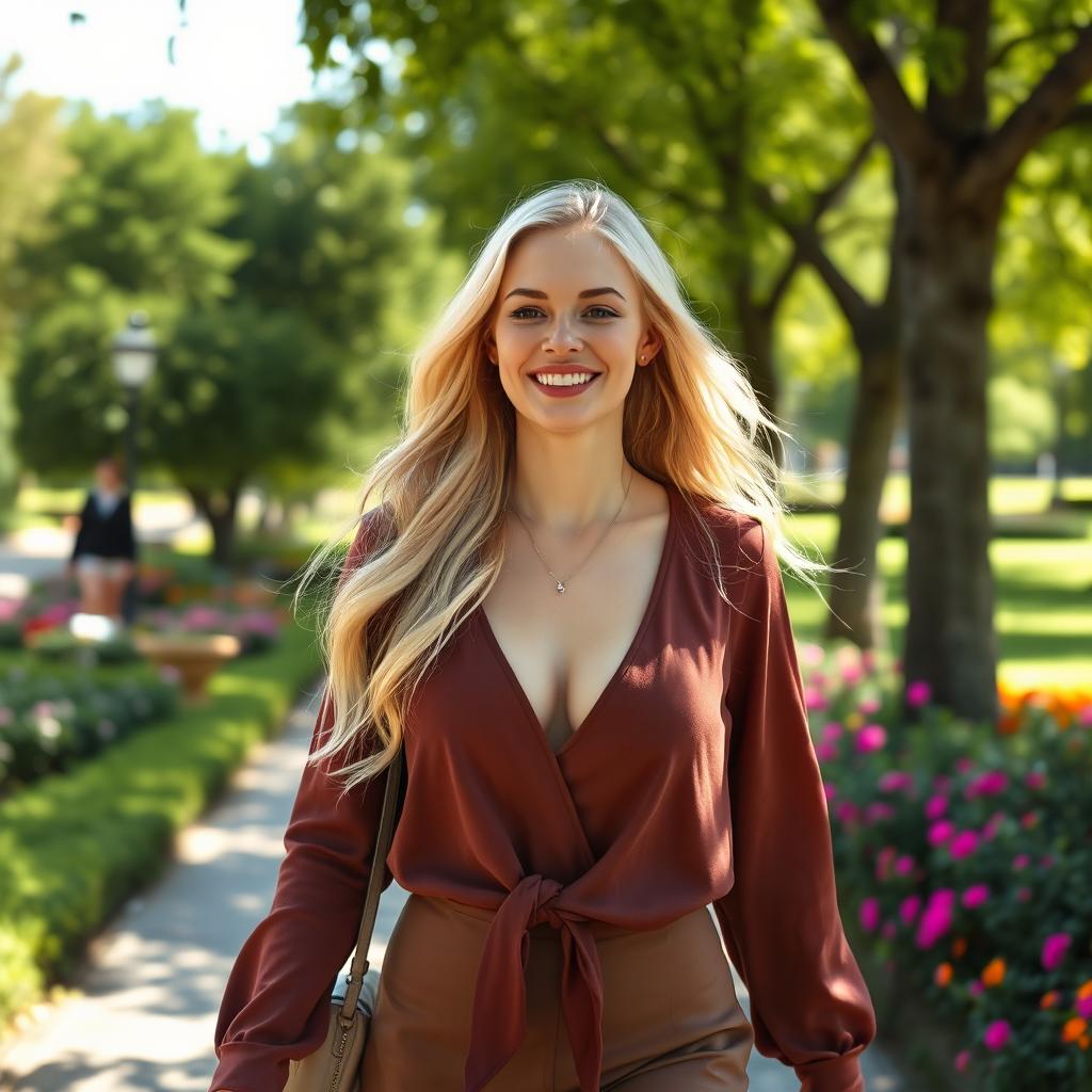 A slim and beautiful 28-year-old blonde woman with long flowing hair and a large bust, wearing fashionable modest clothing, enjoying a sunny day in a picturesque park