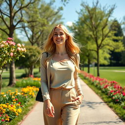 A slim and beautiful 28-year-old blonde woman with long flowing hair and a large bust, wearing fashionable modest clothing, enjoying a sunny day in a picturesque park