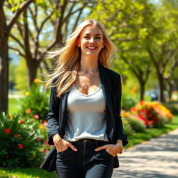 A slim and beautiful 28-year-old blonde woman with long flowing hair and a large bust, wearing fashionable modest clothing, enjoying a sunny day in a picturesque park