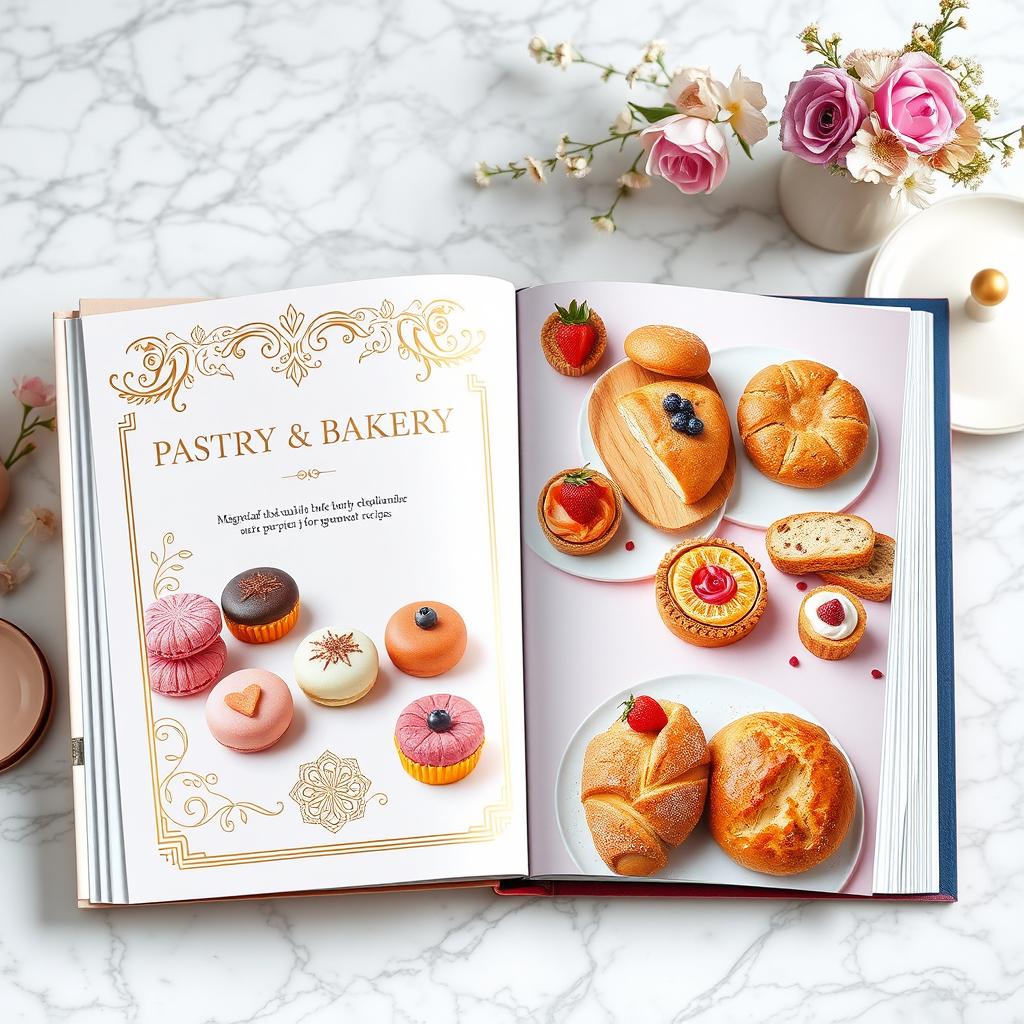 An exquisite and unique pastry and bakery recipe book, exuding elegance and sophistication