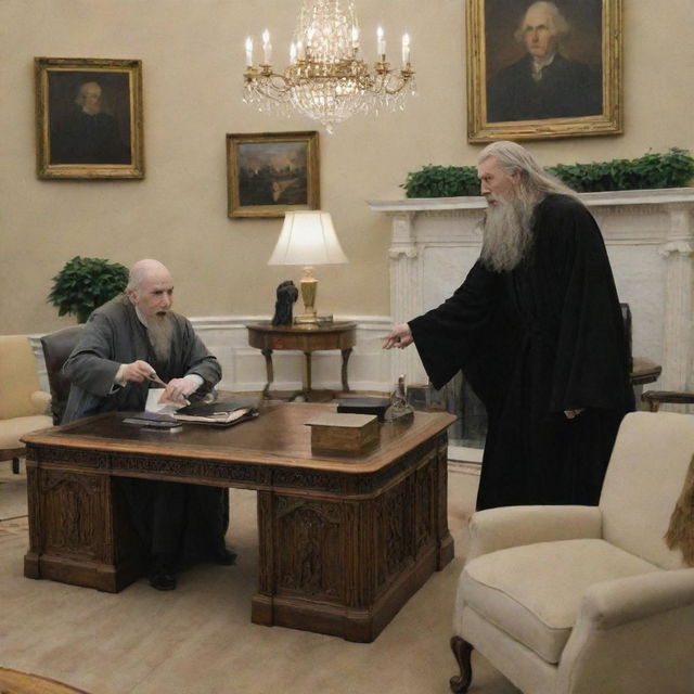 Lord Voldemort dueling with Gandalf within the bustling Oval Office in the White House. The sitting president watches in absolute panic.