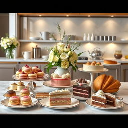 An elegant and unique pastry and bakery setting, featuring a beautifully arranged display of gourmet pastries