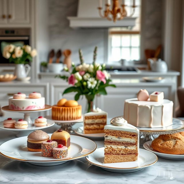 An elegant and unique pastry and bakery setting, featuring a beautifully arranged display of gourmet pastries