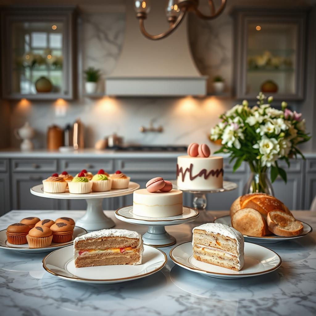 An elegant and unique pastry and bakery setting, featuring a beautifully arranged display of gourmet pastries