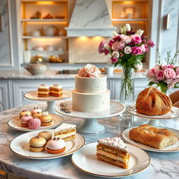 An elegant and unique pastry and bakery setting, featuring a beautifully arranged display of gourmet pastries