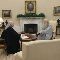 Lord Voldemort dueling with Gandalf within the bustling Oval Office in the White House. The sitting president watches in absolute panic.