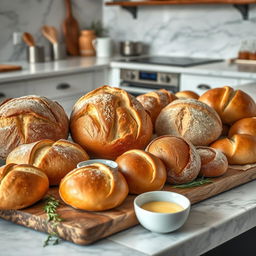 An elegant and unique display of freshly baked bread and buns, featuring a variety of artisanal loaves and perfectly shaped buns