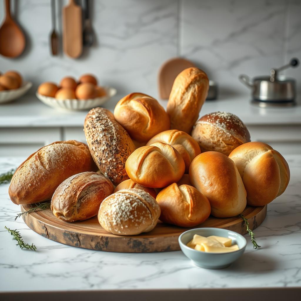 An elegant and unique display of freshly baked bread and buns, featuring a variety of artisanal loaves and perfectly shaped buns