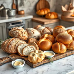 An elegant and unique display of freshly baked bread and buns, featuring a variety of artisanal loaves and perfectly shaped buns