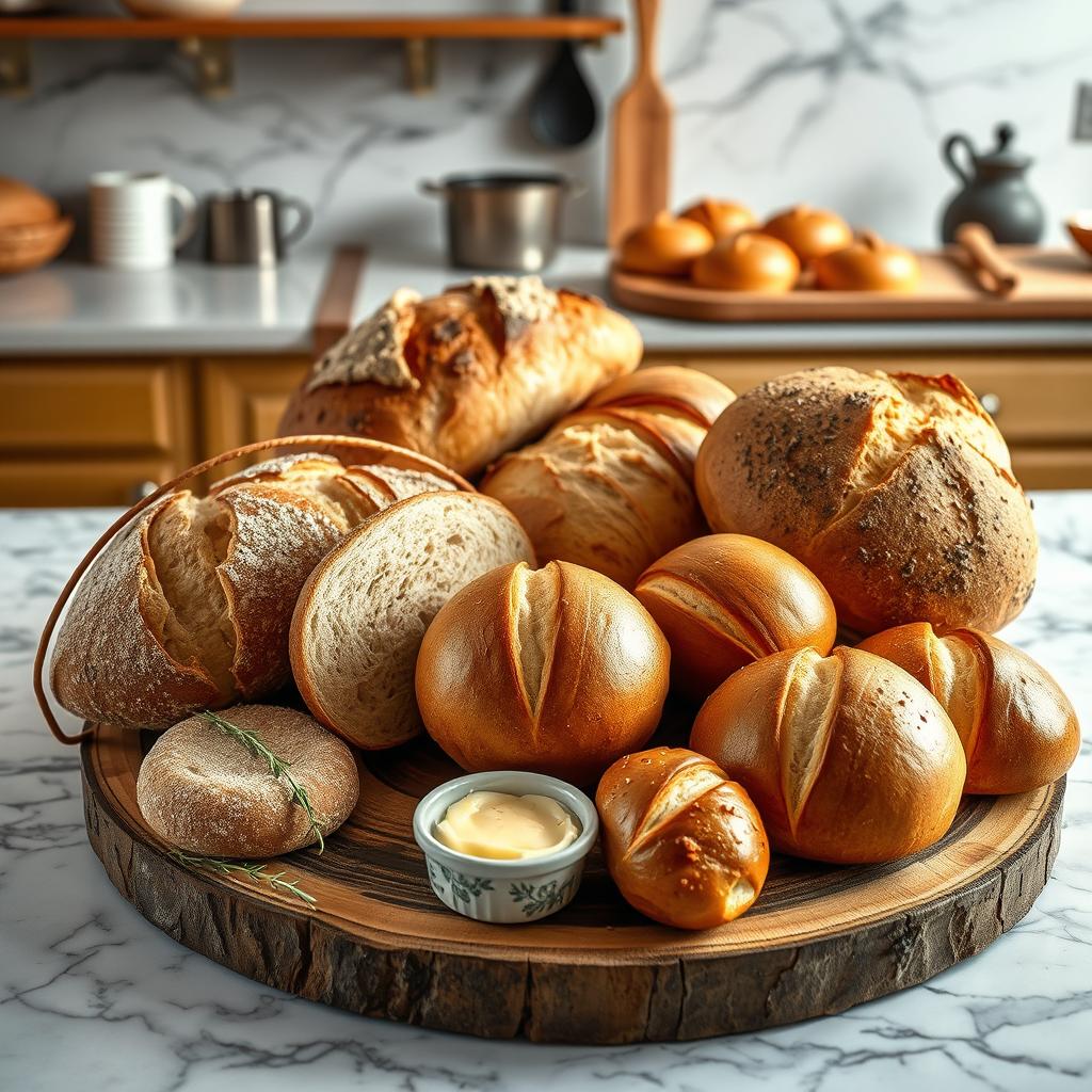 An elegant and unique display of freshly baked bread and buns, featuring a variety of artisanal loaves and perfectly shaped buns