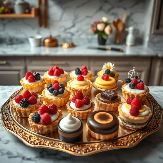 An elegant and unique display of exquisite pastries and tarts, showcasing an array of artfully designed desserts