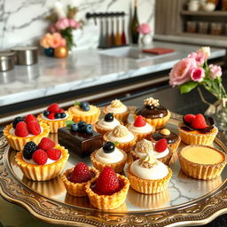 An elegant and unique display of exquisite pastries and tarts, showcasing an array of artfully designed desserts