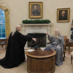 Lord Voldemort dueling with Gandalf within the bustling Oval Office in the White House. The sitting president watches in absolute panic.