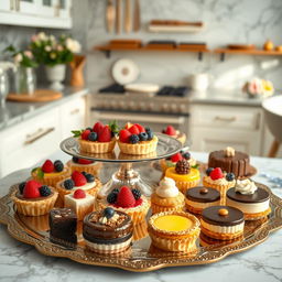 An elegant and unique display of exquisite pastries and tarts, showcasing an array of artfully designed desserts