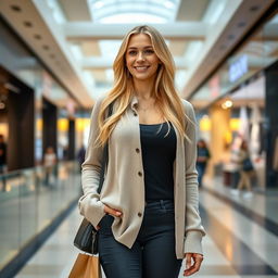 A slim and beautiful 28-year-old blonde woman with long hair and a large bust, dressed in fashionable and modest clothing, confidently walking through a modern shopping mall