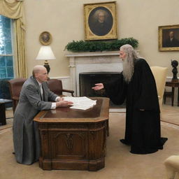 Lord Voldemort dueling with Gandalf within the bustling Oval Office in the White House. The sitting president watches in absolute panic.