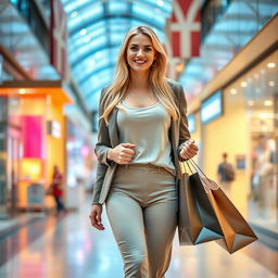 A slim and beautiful 28-year-old blonde woman with long hair and a large bust, wearing chic and modest clothing, gracefully navigating through a lively shopping mall