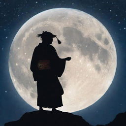 A traditional Japanese Yokai stands silhouetted against a radiant, full moon in a night sky filled with twinkling stars.