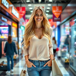 A slim and beautiful 28-year-old blonde woman with long flowing hair and a large bust, dressed in fashionable and modest clothing, browsing through a busy shopping mall