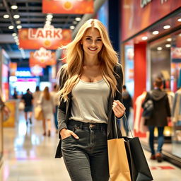 A slim and beautiful 28-year-old blonde woman with long flowing hair and a large bust, dressed in fashionable and modest clothing, browsing through a busy shopping mall