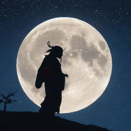 A traditional Japanese Yokai stands silhouetted against a radiant, full moon in a night sky filled with twinkling stars.