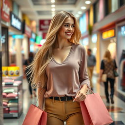 A slim and beautiful 28-year-old blonde woman with long flowing hair and a large bust, dressed in fashionable and modest clothing, browsing through a busy shopping mall