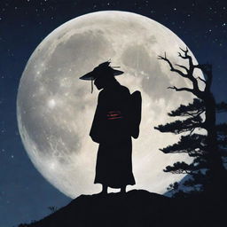 A traditional Japanese Yokai stands silhouetted against a radiant, full moon in a night sky filled with twinkling stars.