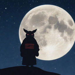 A traditional Japanese Yokai stands silhouetted against a radiant, full moon in a night sky filled with twinkling stars.