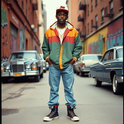 A young African American man exuding style in fashionable streetwear with a retro vibe