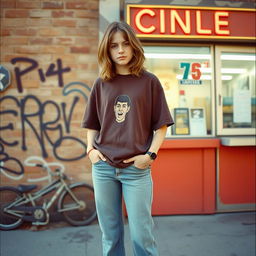 A vintage-style photo reminiscent of the 1970s featuring an American teenager with shoulder-length hair, casually standing in front of a retro urban backdrop