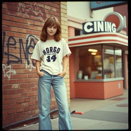 A vintage-style photo reminiscent of the 1970s featuring an American teenager with shoulder-length hair, casually standing in front of a retro urban backdrop