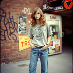 A vintage-style photo reminiscent of the 1970s featuring an American teenager with shoulder-length hair, casually standing in front of a retro urban backdrop