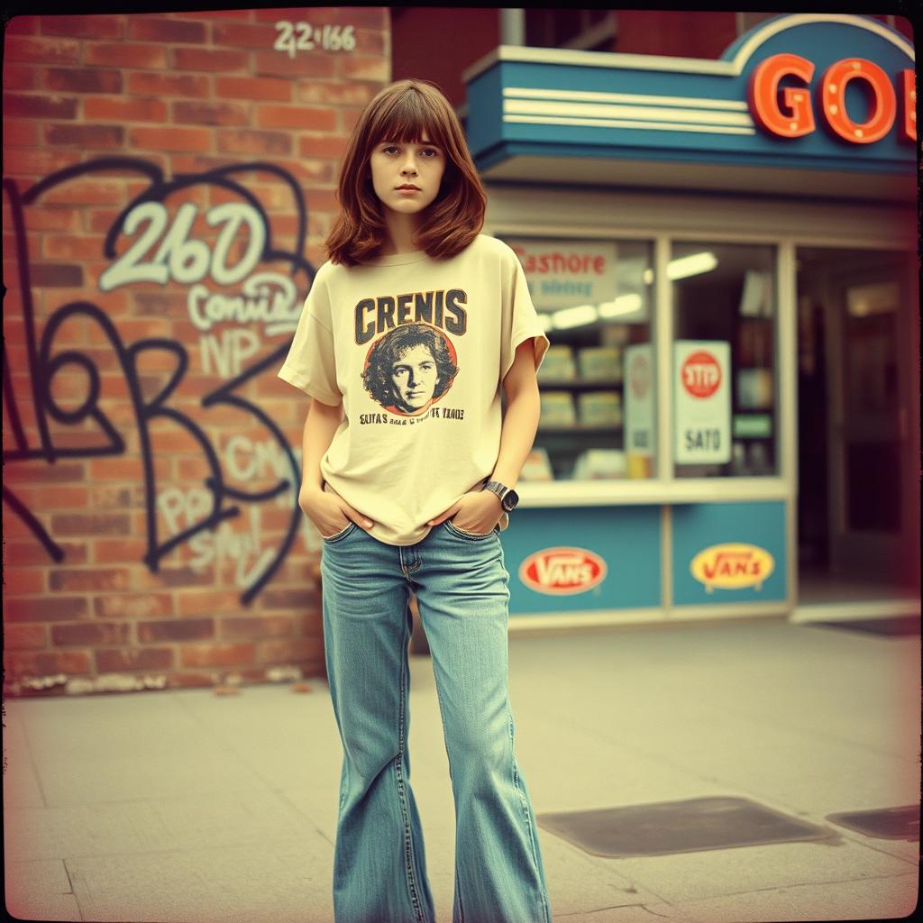 A vintage-style photo reminiscent of the 1970s featuring an American teenager with shoulder-length hair, casually standing in front of a retro urban backdrop