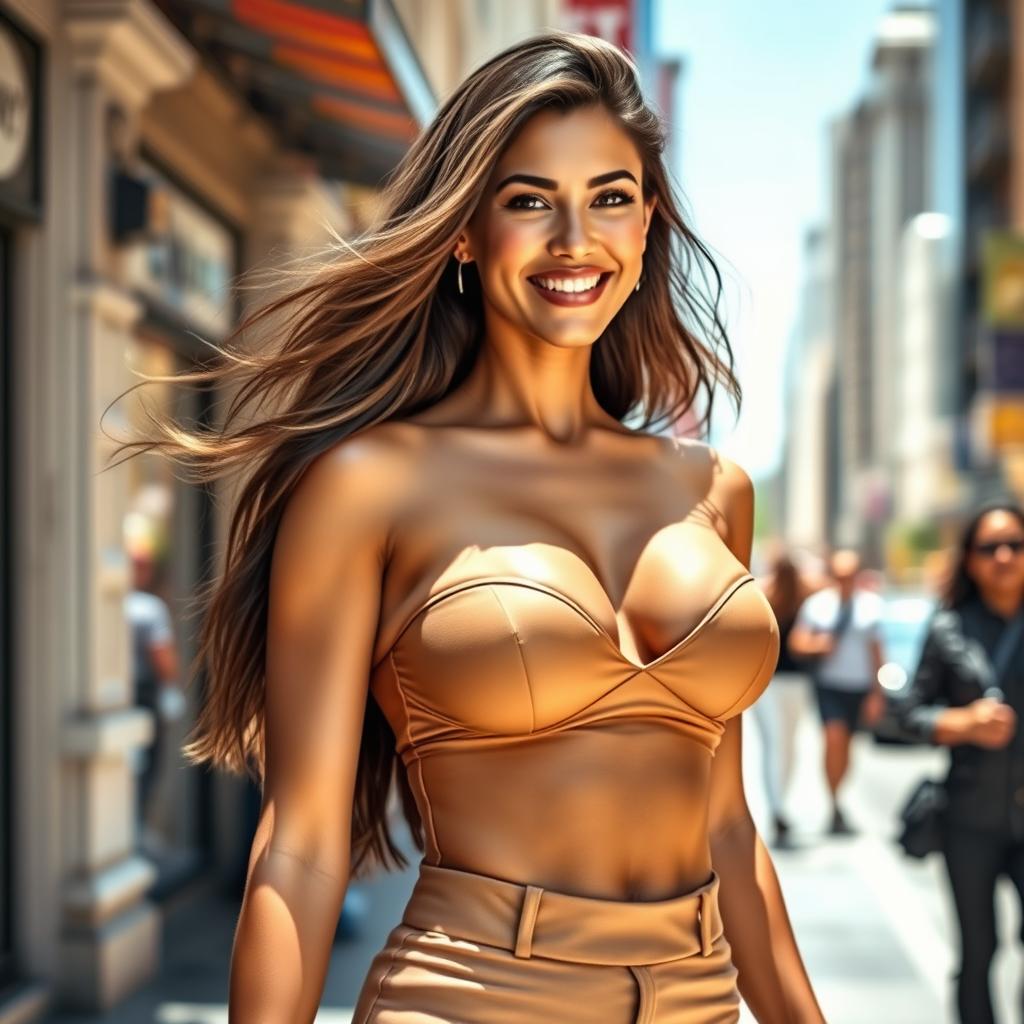 A confident and attractive woman with prominent breasts, wearing a stylish, form-fitting outfit that accentuates her figure