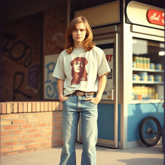 A vintage-style photo from the 1970s featuring an American young man with shoulder-length hair, casually standing in front of a retro urban backdrop