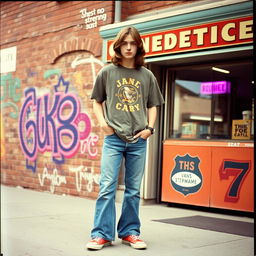 A vintage-style photo from the 1970s featuring an American young man with shoulder-length hair, casually standing in front of a retro urban backdrop