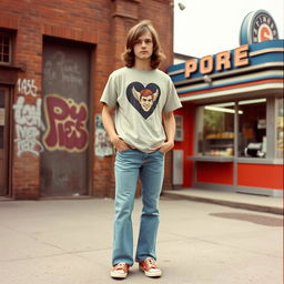 A vintage-style photo from the 1970s featuring an American young man with shoulder-length hair, casually standing in front of a retro urban backdrop