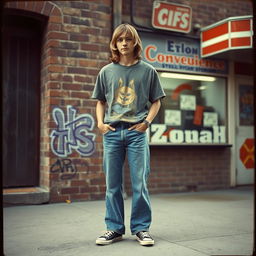 A vintage-style photo from the 1970s featuring an American young man with shoulder-length hair, casually standing in front of a retro urban backdrop