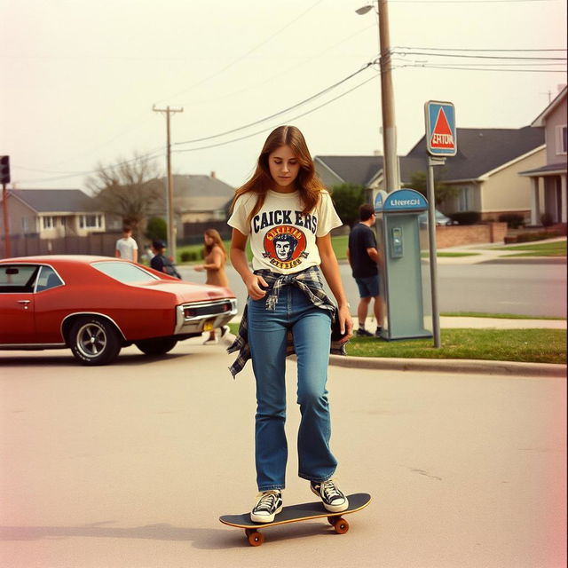 A realistic vintage-style photograph from the 1970s capturing an American teenager engaged in a lively street activity