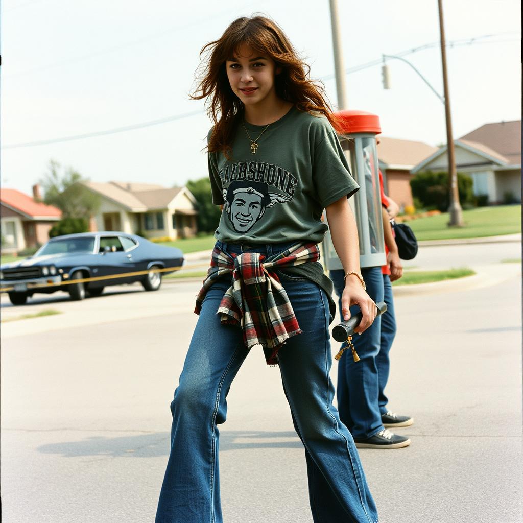 A realistic vintage-style photograph from the 1970s capturing an American teenager engaged in a lively street activity