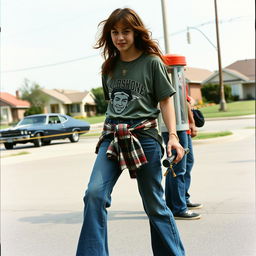 A realistic vintage-style photograph from the 1970s capturing an American teenager engaged in a lively street activity